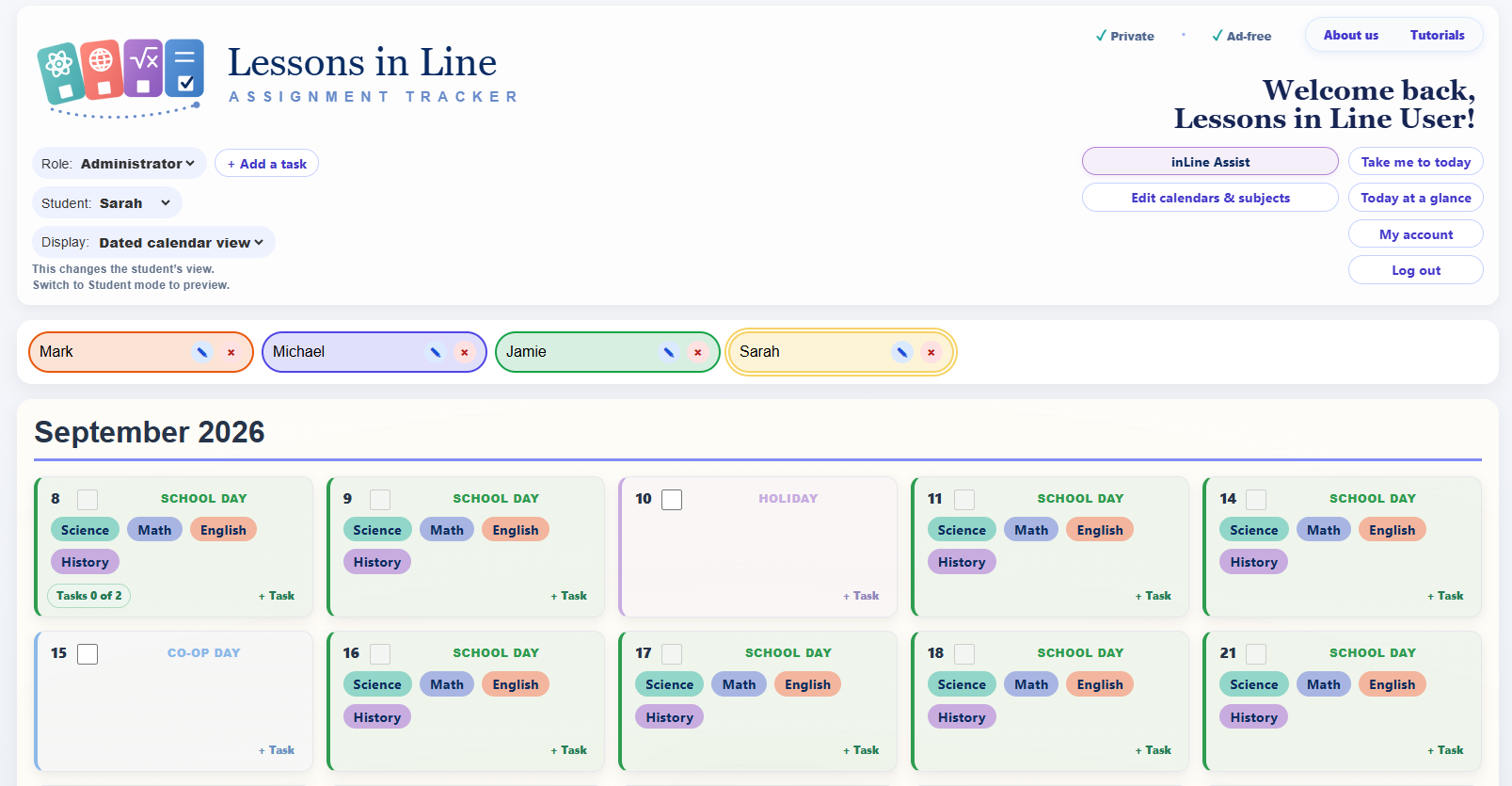 Lessons in Line administrator workspace with four student trackers