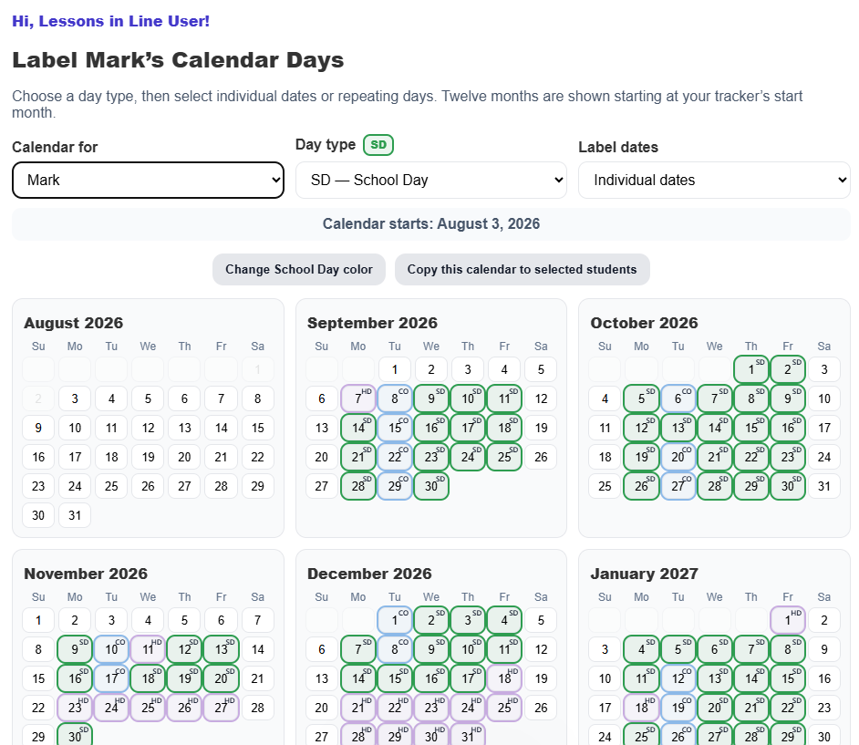 Calendar setup with school days, co-op days, and holidays