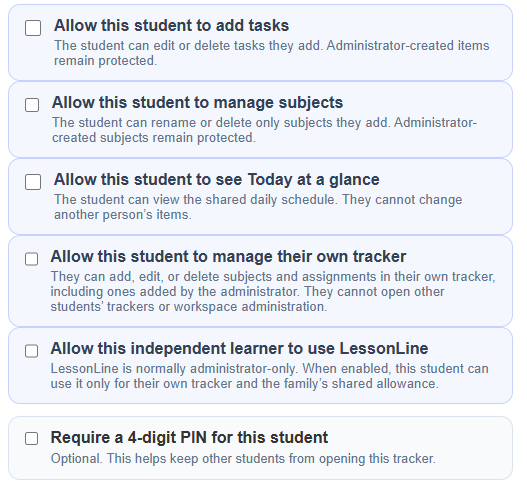 Student access and permission choices