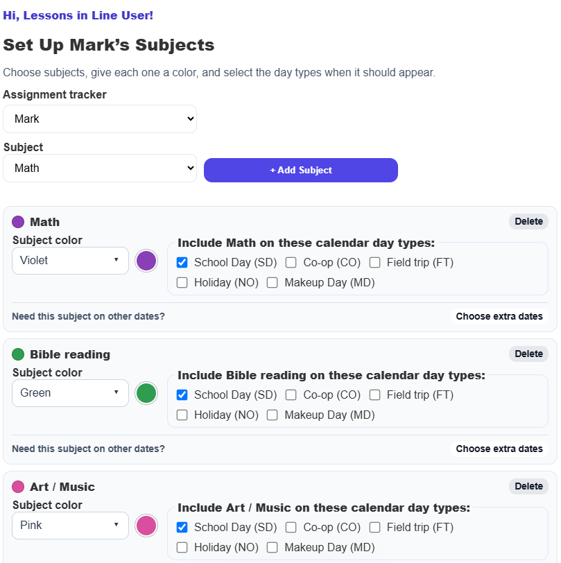 Subject setup with colors and calendar day choices