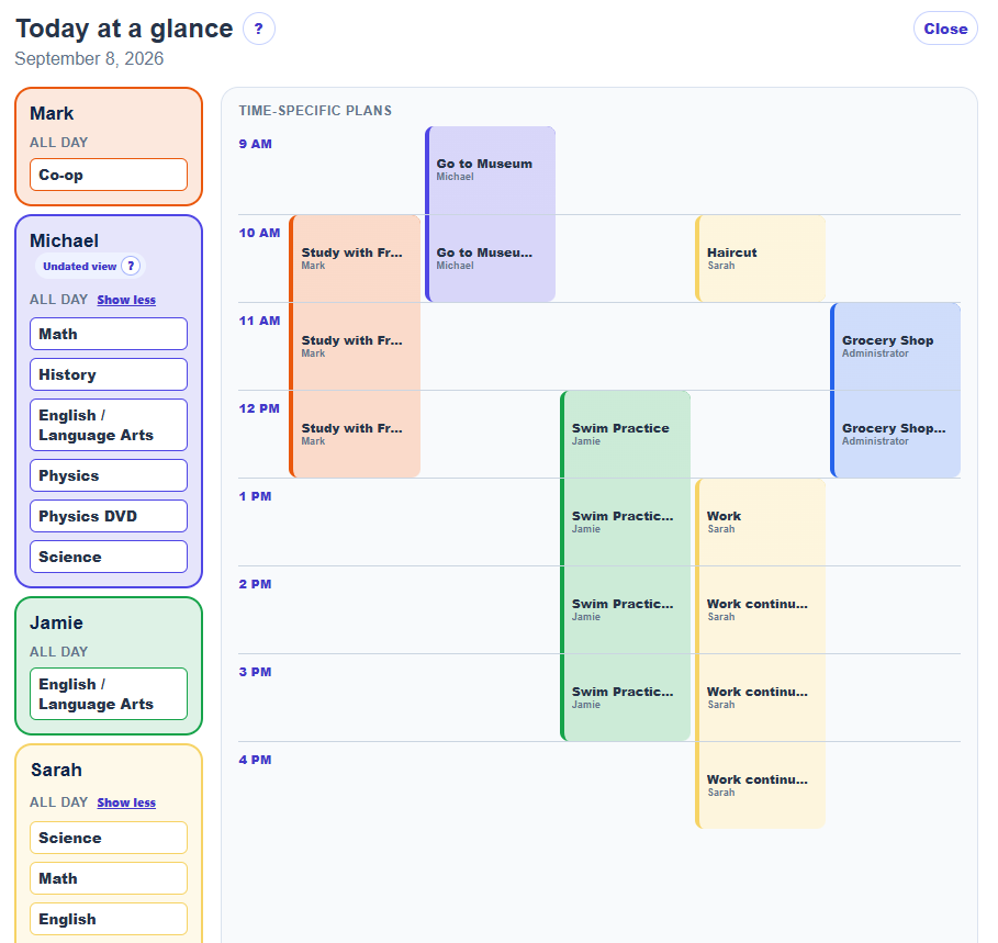 Today at a glance showing subjects and time-specific family plans